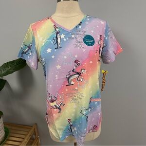 NWT Cherokee Cat In The Hat Scrub Top S Tooniforms Rainbow Pastel Medical Vet